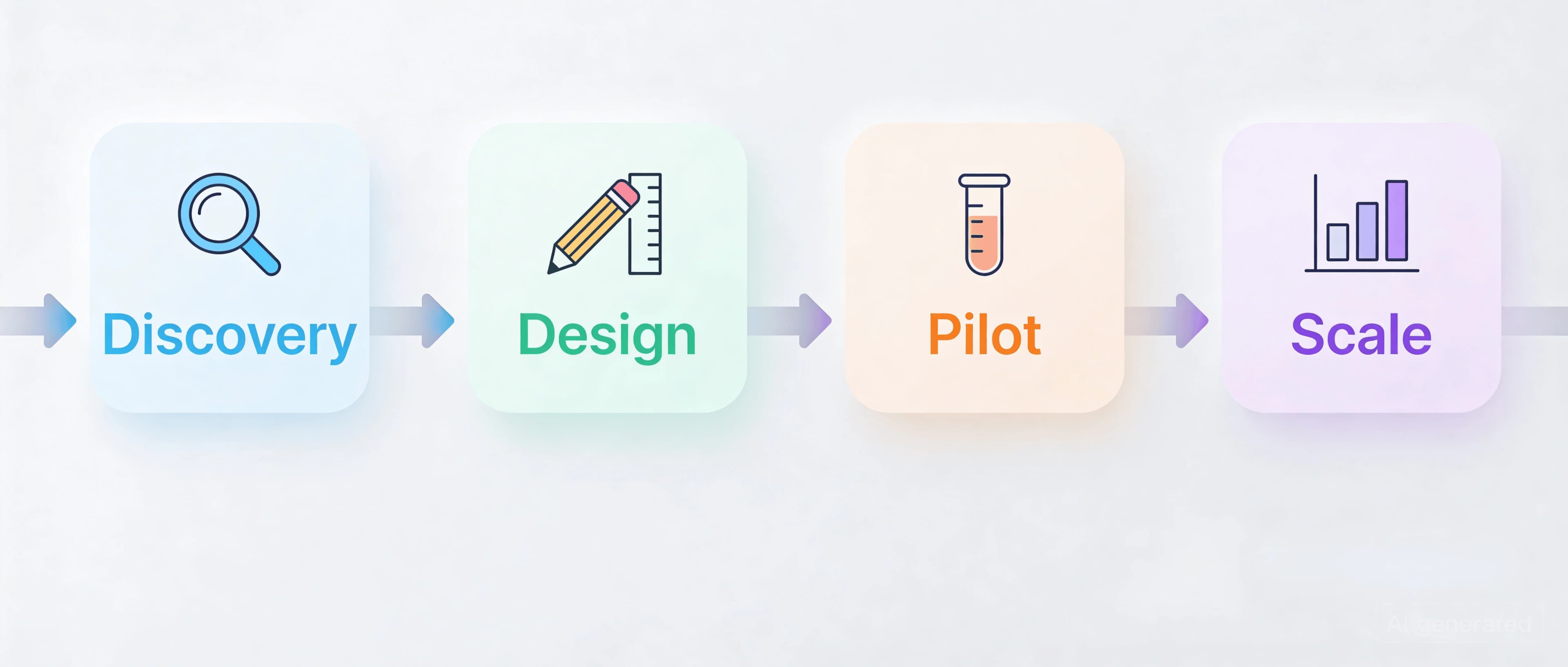 Four-stage AI implementation process diagram from discovery to scale
