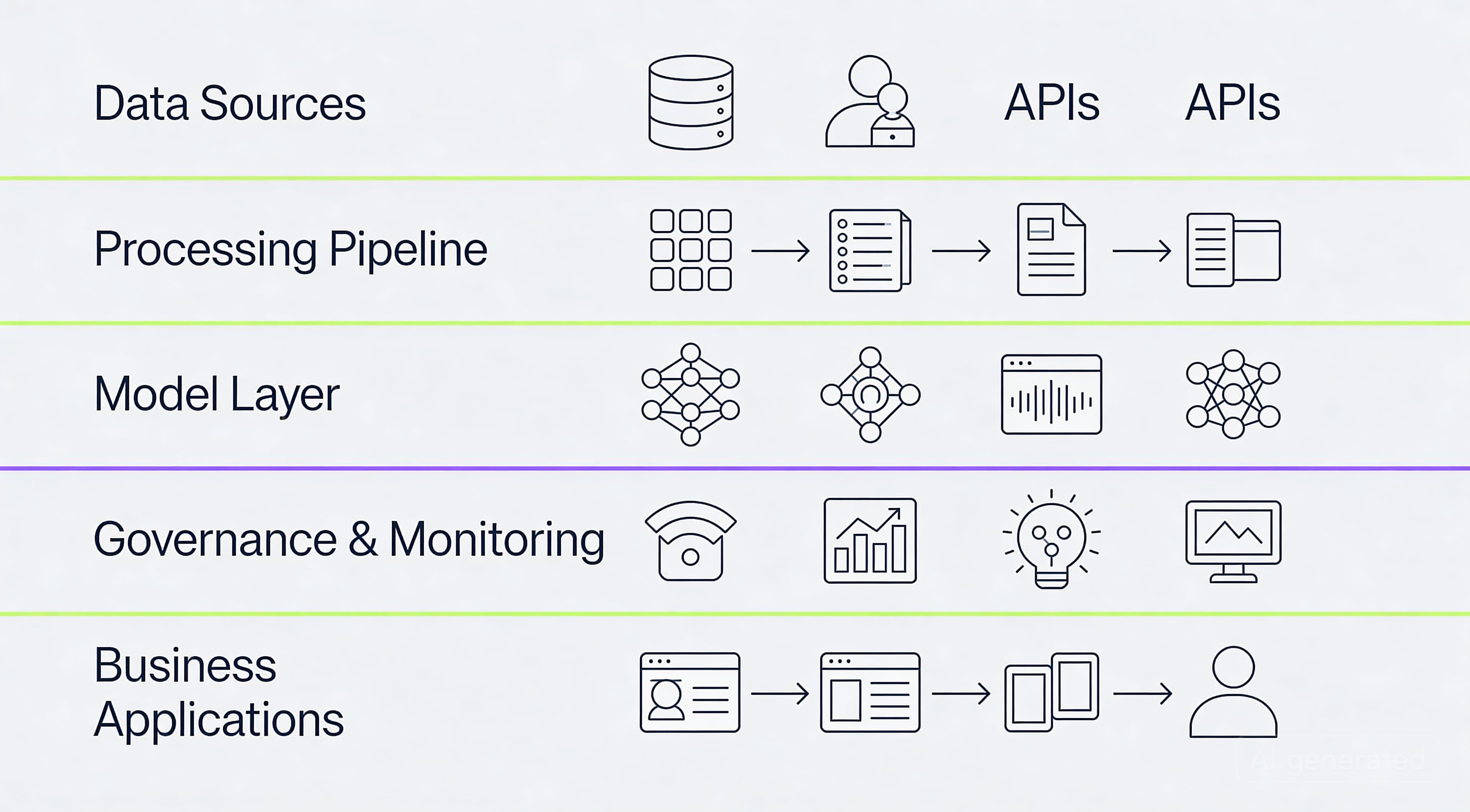 AI system architecture blueprint covering data, models, governance, and applications